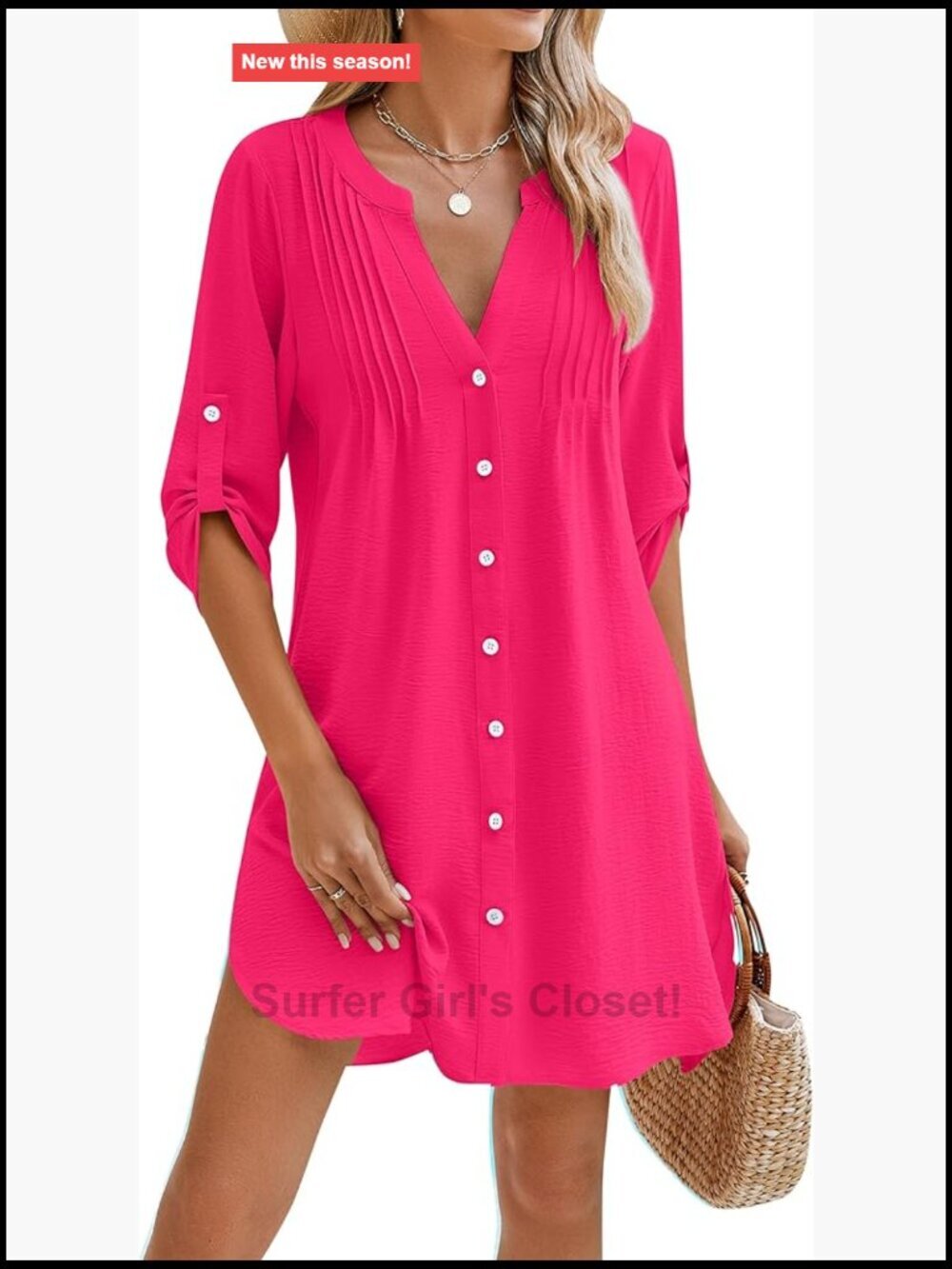 Women V Neck Button Down Swim Cover Up Beach Dress Pleated 3/4 Sleeve Polyester